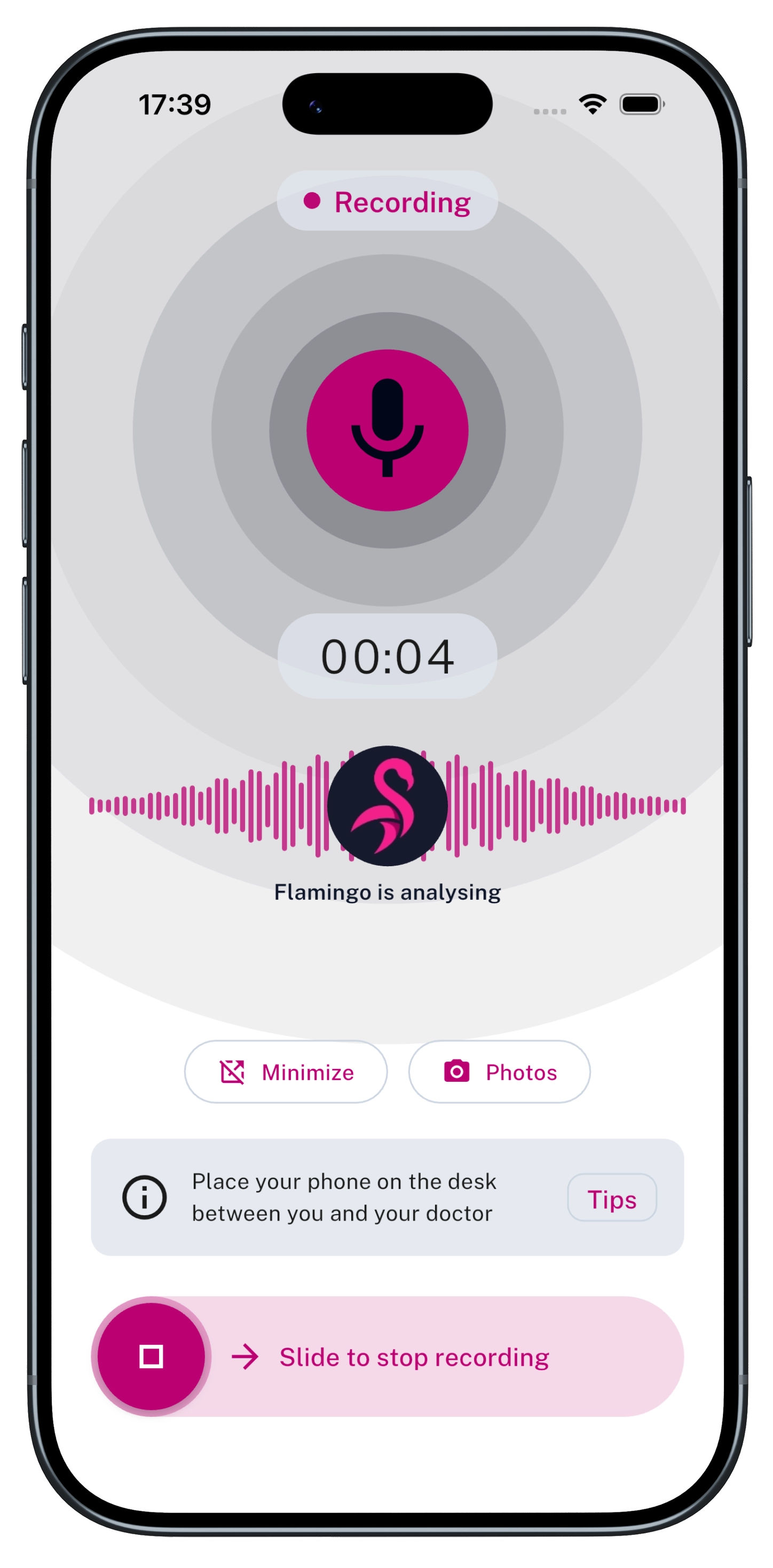 Flamingo app recording screen showing an active consultation recording